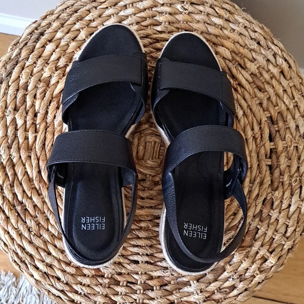 NWOT EILEEN FISHER Womens Winnie Black Leather Wedge Espadrille Platform Sandals